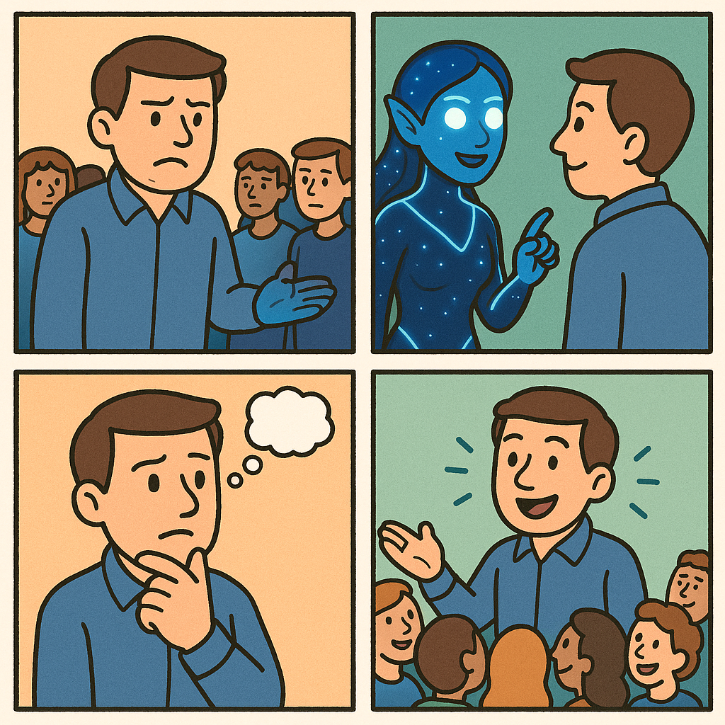 Four-panel cartoon of Peter: upset while speaking, advised by Honestli avatar Janet, reflects, then returns to speak confidently.